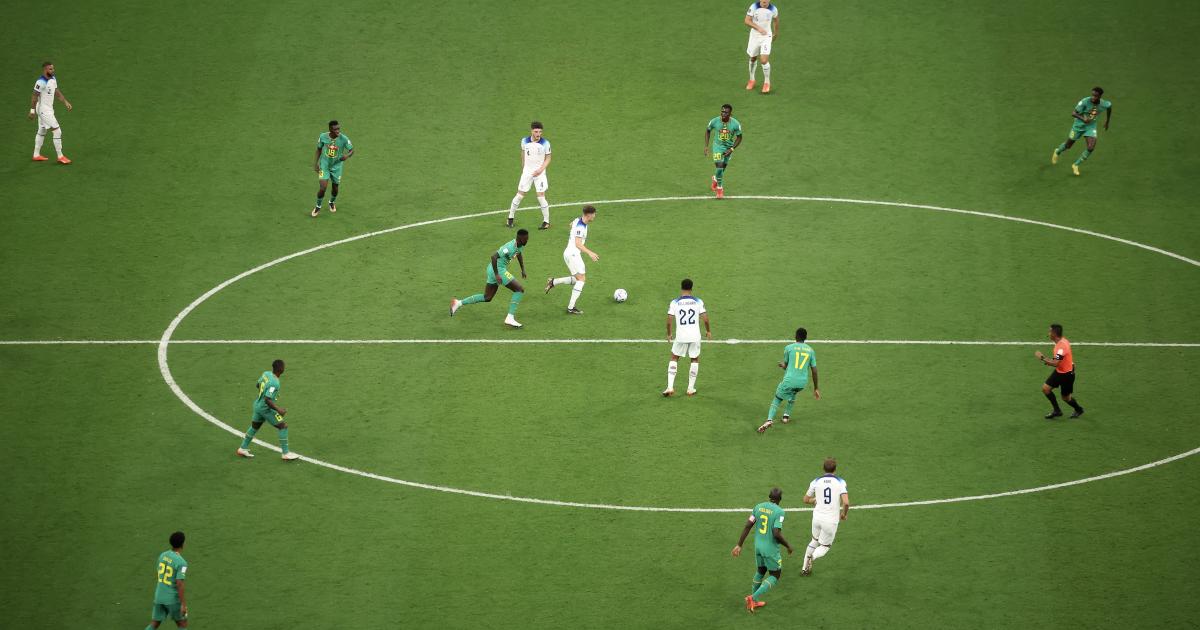 Football field perspective aerial view in the year 2022