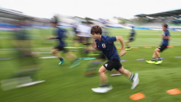Players of Japan warm up for the FIFA U-20 Women's World Cup France 2018 group C match between Japan and Paraguay at Stade de la Rabine on August 13, 2018 in Vannes, France. 