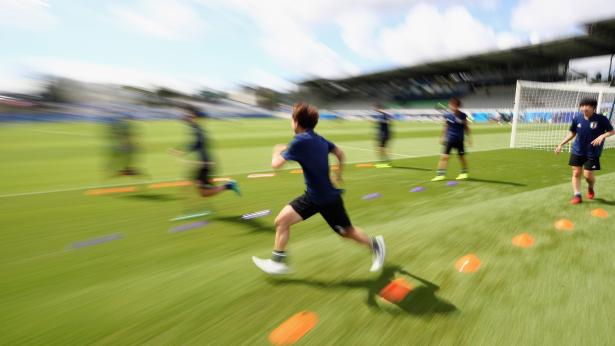 Players of Japan warm up for the FIFA U-20 Women's World Cup France 2018 group C match between Japan and Paraguay at Stade de la Rabine on August 13, 2018 in Vannes, France. 